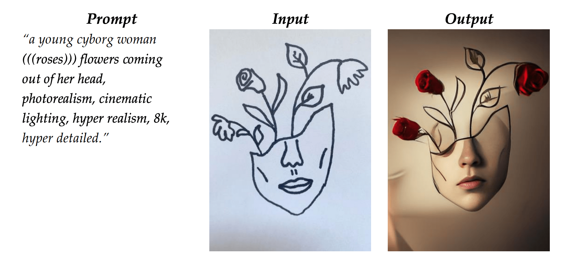 A hand-drawn image with a text prompt ““a young cyborg woman(((roses))) flowers comingout of her head,photorealism, cinematiclighting, hyper realism, 8k,hyper detailed.”“ alongside an AI-generated combination of the two.